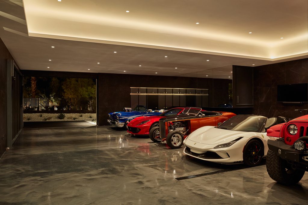 All of the cars are artfully on display in this beautiful custom garage.