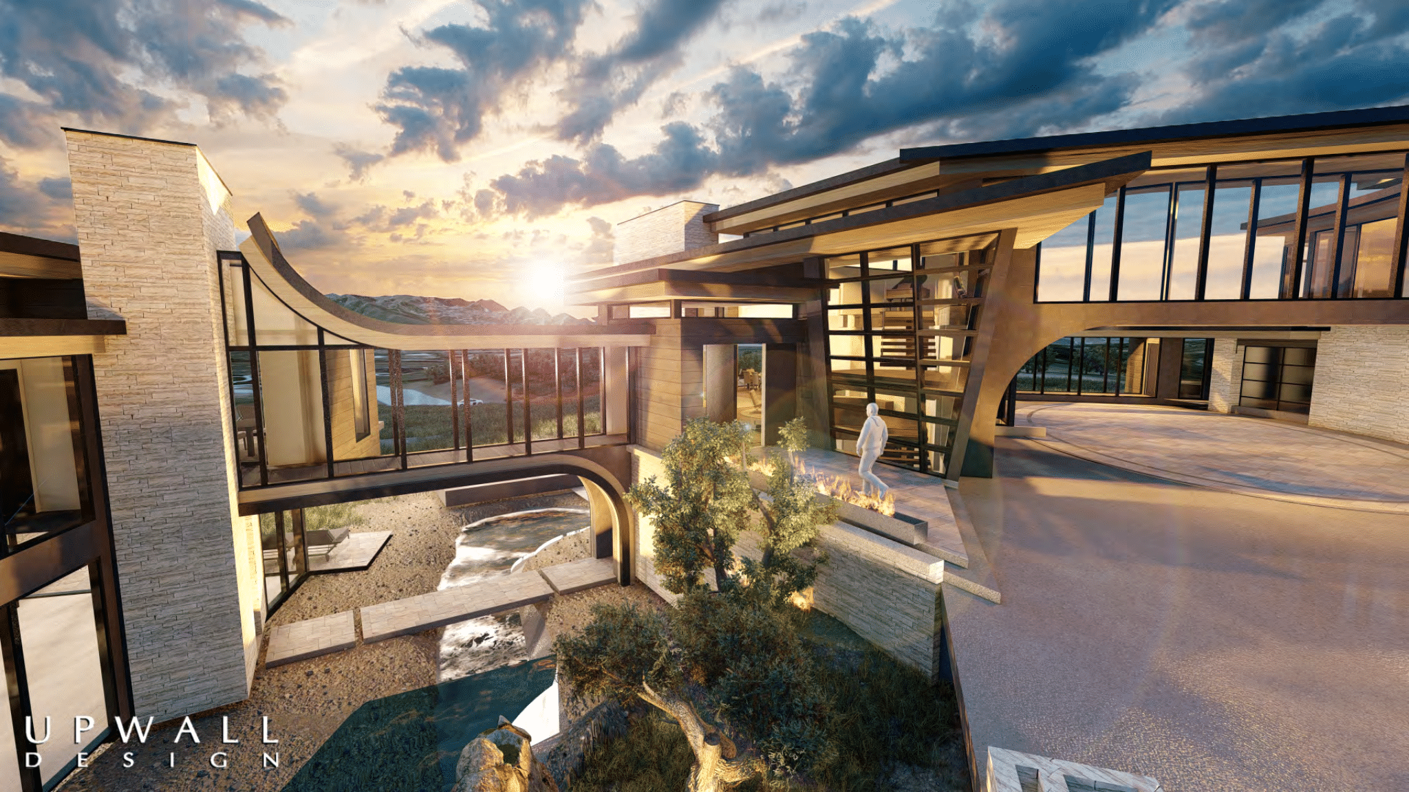 Luxury, custom-built home exterior in Park City, UT with stunning architecture, high-end landscaping, and a beautiful sunset.